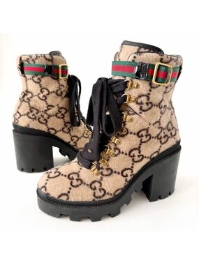GUCCI | GG Wool Lug Sole Combat Boots Web Strap Ankle EU 38